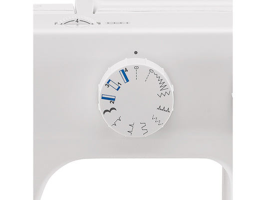 Close up of the simple stitch selection dial on a white SINGER 1409 Promise sewing machine