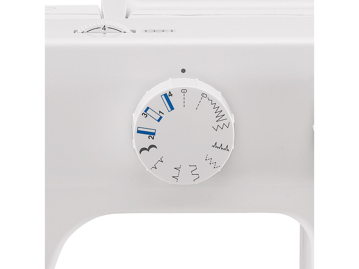 Close up of the simple stitch selection dial on a white SINGER 1409 Promise sewing machine