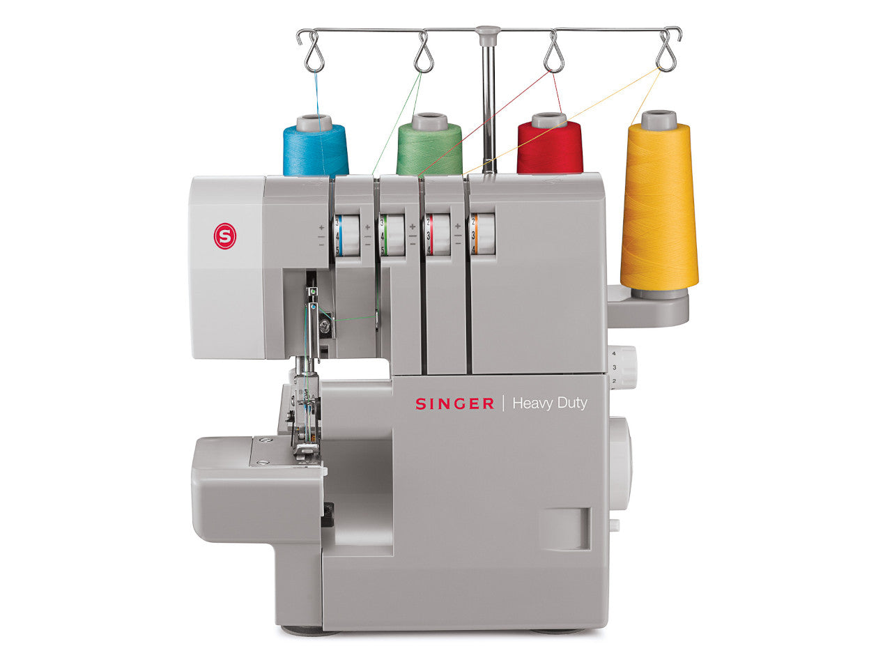 Grey SINGER® Heavy Duty overlocker with four dials and four rolls of thread in blue, green, red and yellow