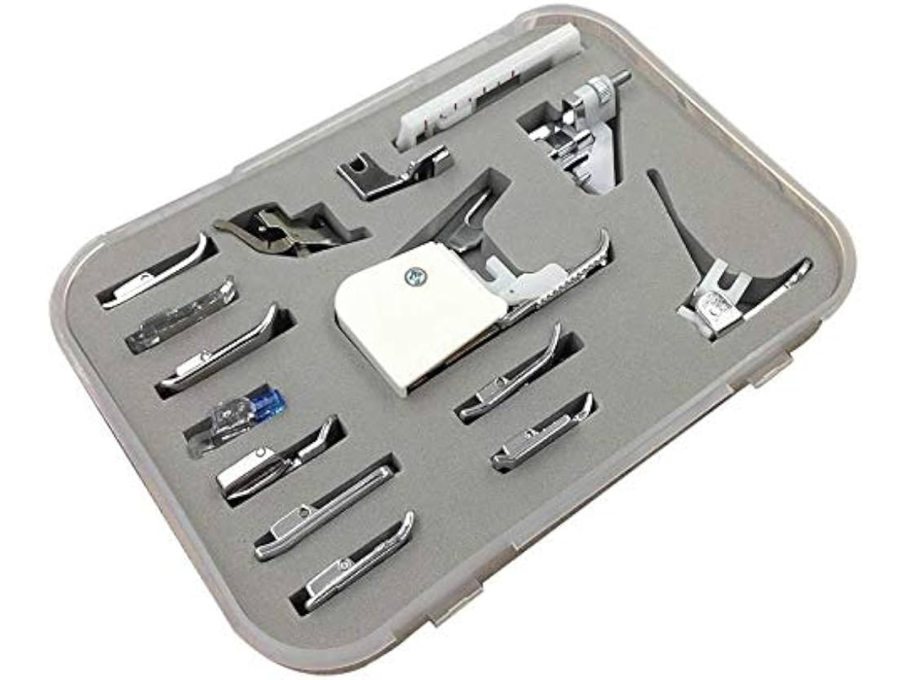 A 15-piece universal sewing machine presser feet kit in a gray case, with various shaped presser feet designed for different sewing projects.