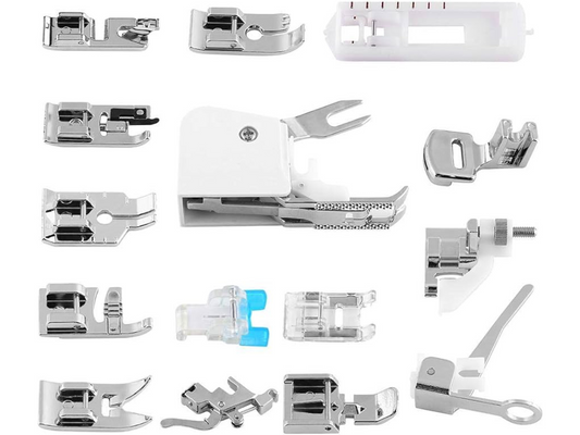 Various shaped presser feet for creative sewing projects laid out on a white background.