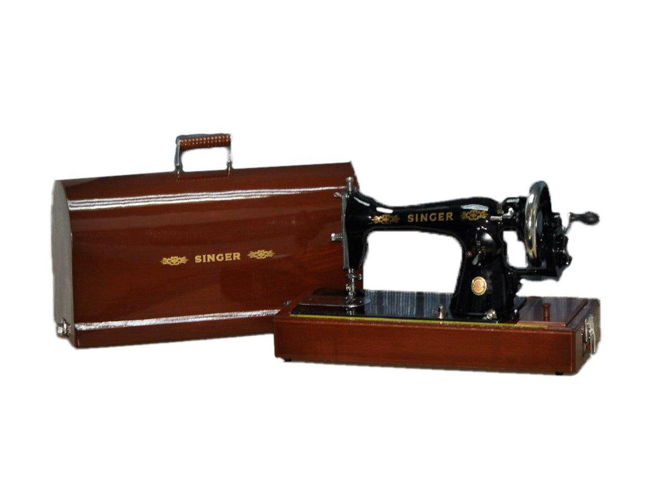 A black SINGER 15CH vintage sewing machine in a brown wooden carry case and a handle.