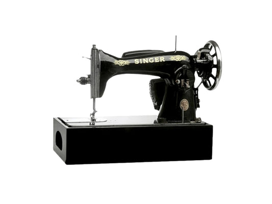 Front view of a SINGER 15CH vintage sewing machine mounted on a dark wood box.