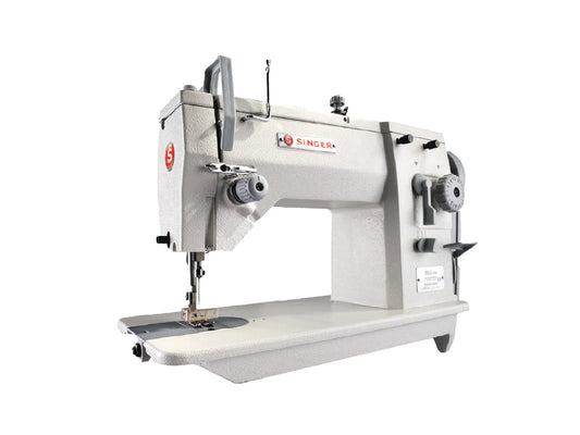 Front angled view of a SINGER industrial zig zag machine, with full colour logo plate mounted on the front.