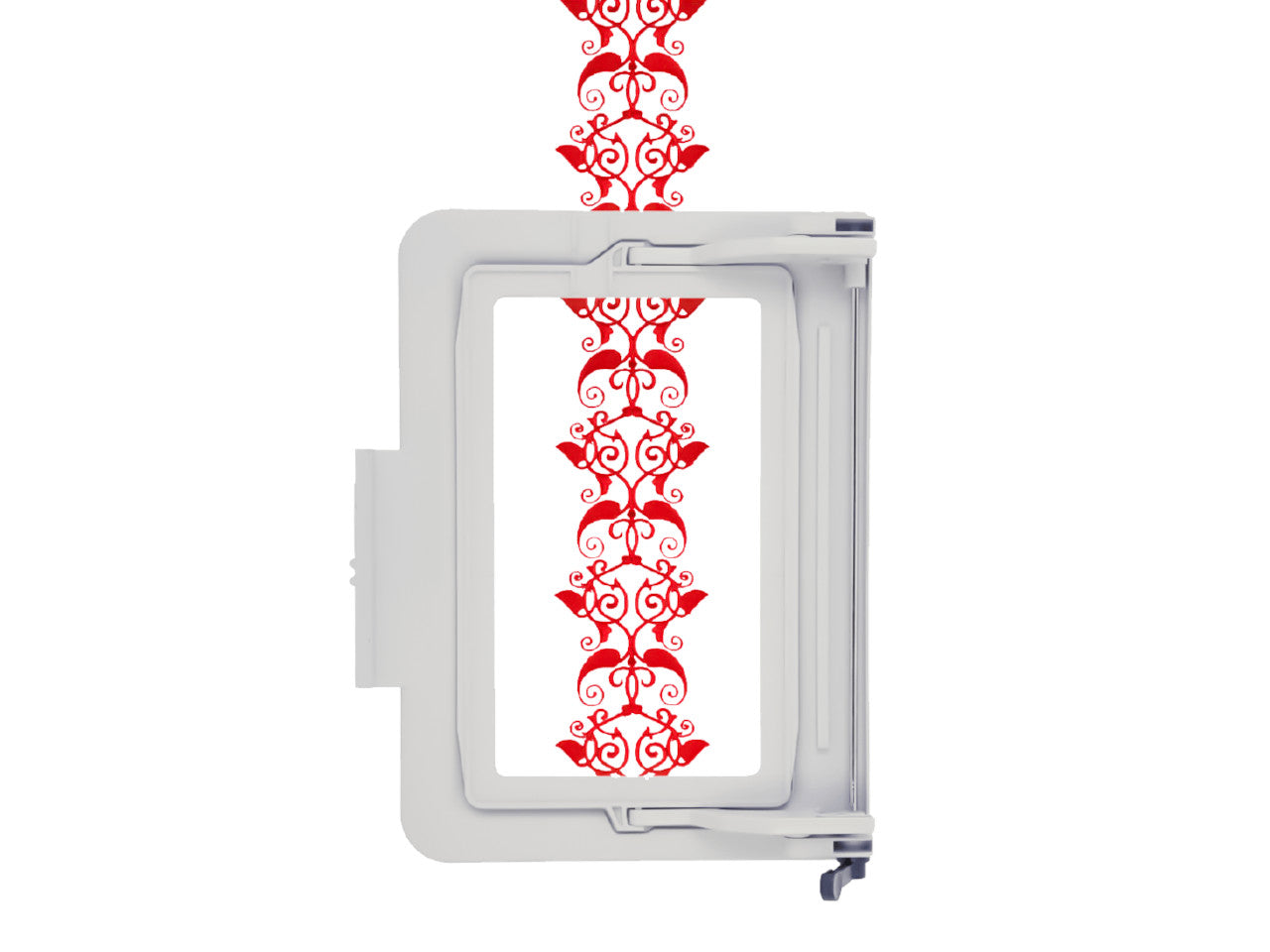 An intricate red embroidery pattern on white fabric using the SINGER Endless Hoop
