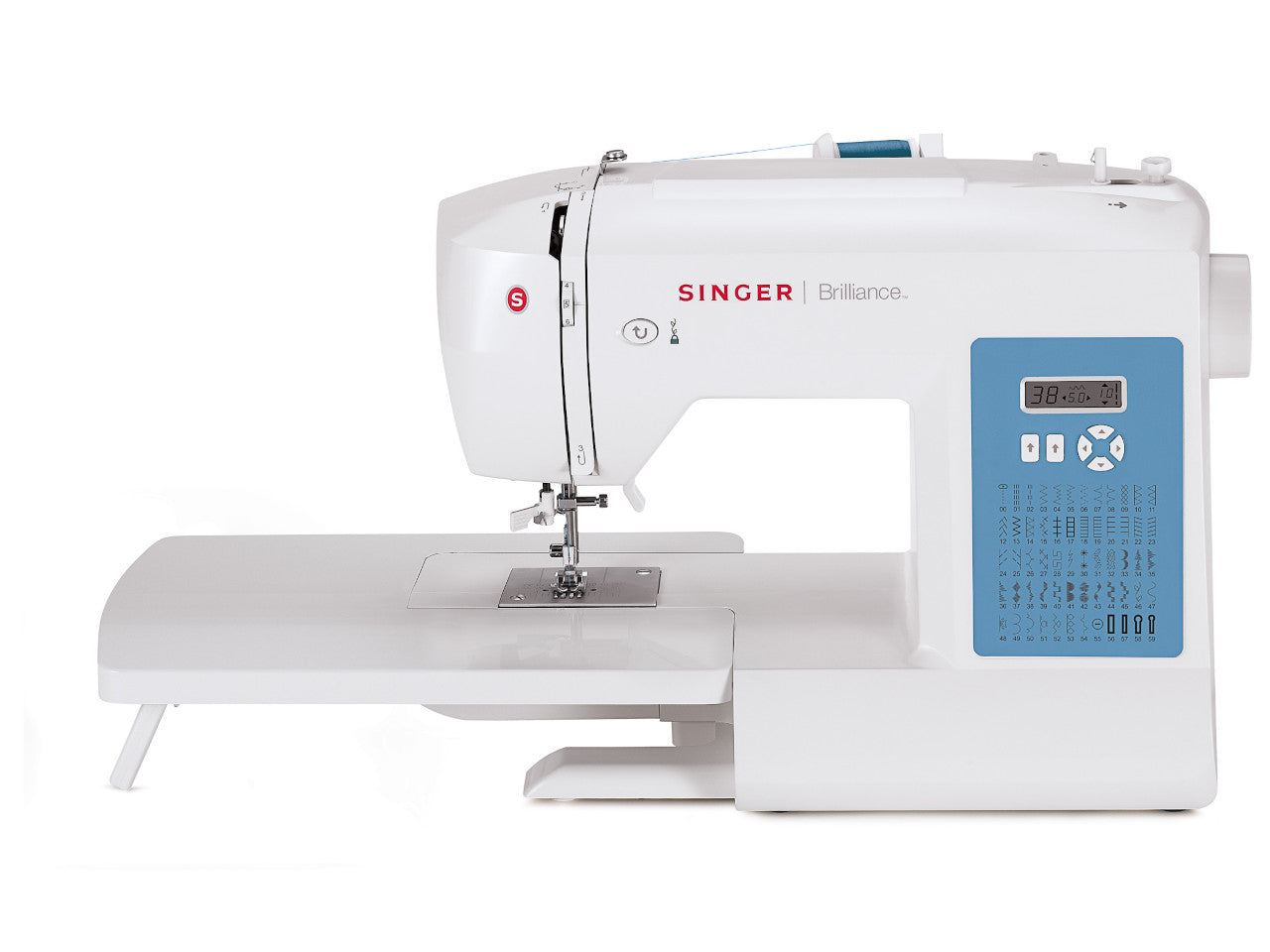 White SINGER Brilliance 6160 with a light blue stitch panel guide and selection buttons fitted with an extension table