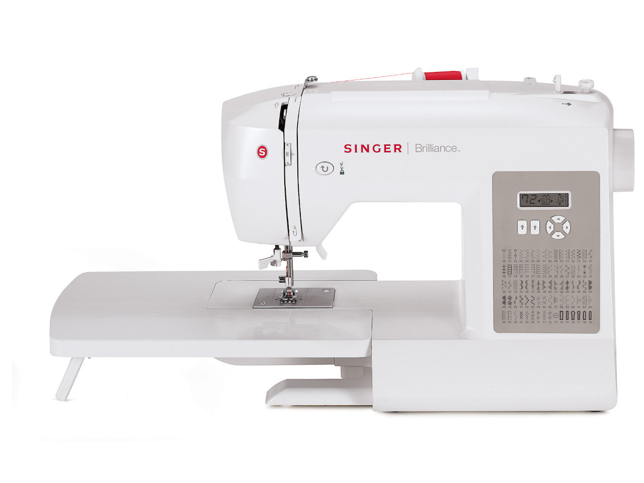 White electronic SINGER Brilliance 6180 sewing machine fitted with extension table and red thread