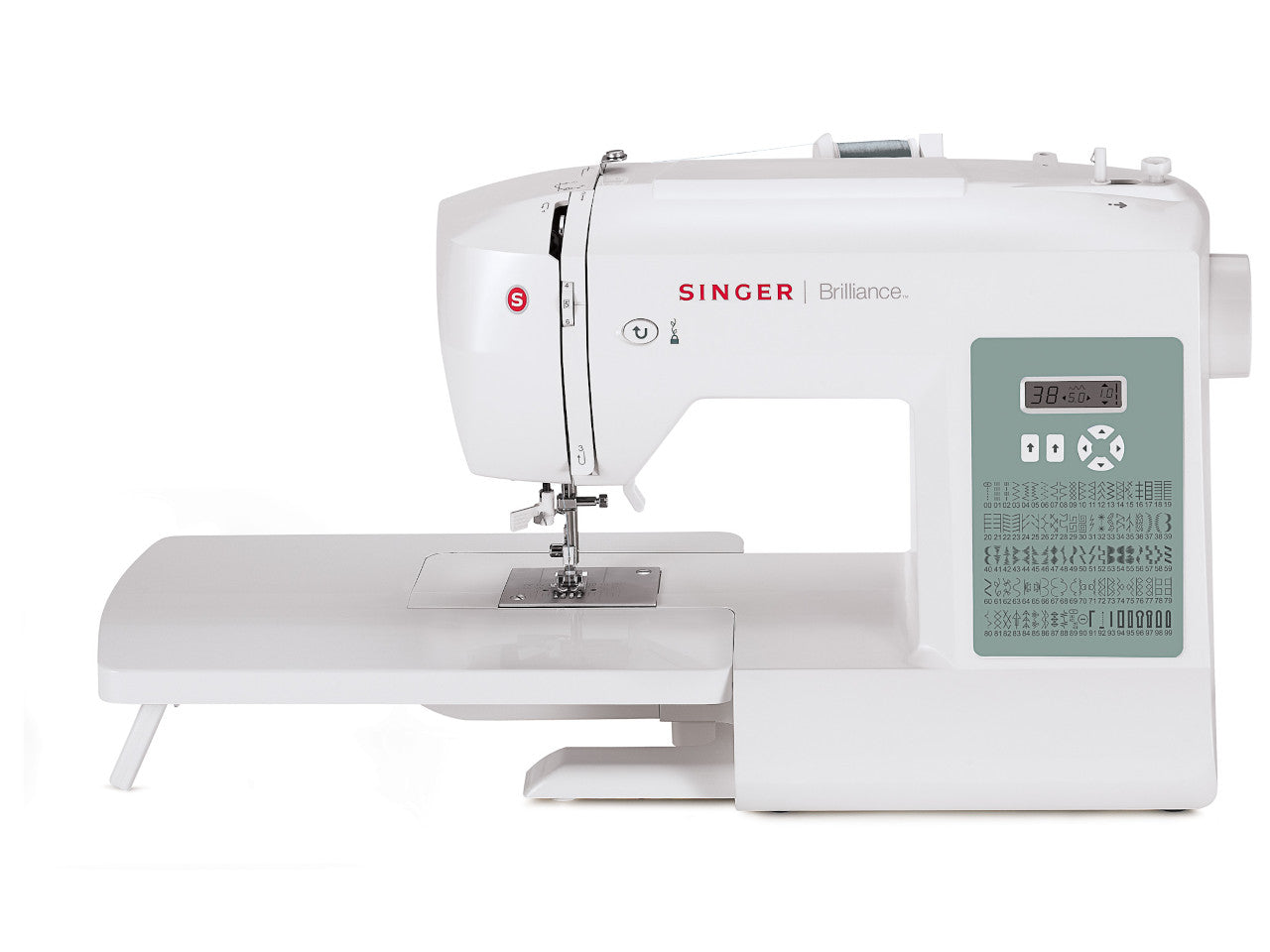 A white Singer Brilliance 6199 electronic sewing machine with a digital display and an extension table.