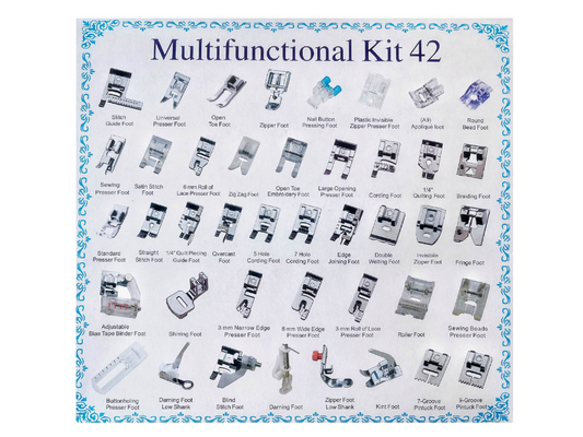 A picture displaying the various SINGER sewing machine feet in the multifunctional kit describing each of the 42 feet