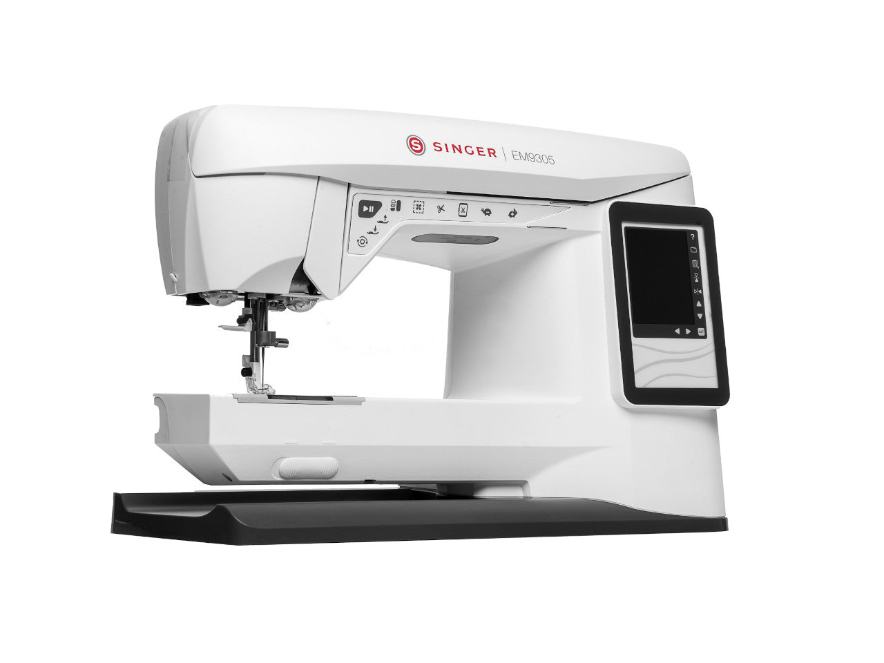 A white SINGER EM9305 embroidery machine with a color touch screen displayed on the front panel.