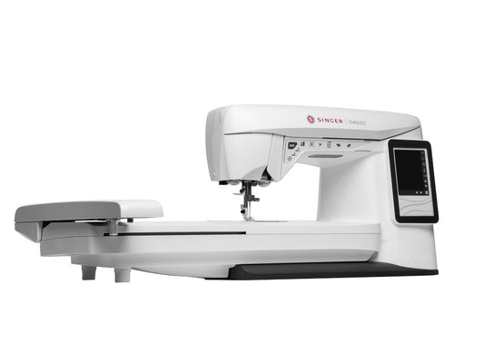 Eye level view of a SINGER EM9305 embroidery machine with a touch screen and extended arm.