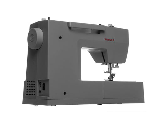 Rear angled view of the Singer HD6805C sewing machine showing the power plug port and the on/off switch.