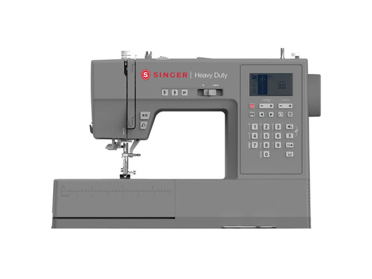 A dark grey Singer Heavy Duty Sewing Machine, model HD6805C, with a digital display and multiple control buttons.