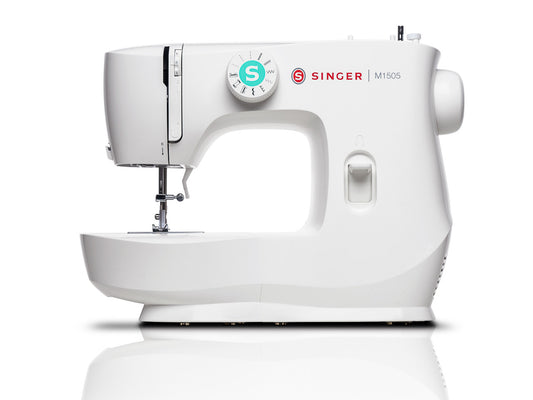 A white SINGER M1505 Sewing Machine on a plain background, showing the front view with the brand logo, spool, and sewing needle.