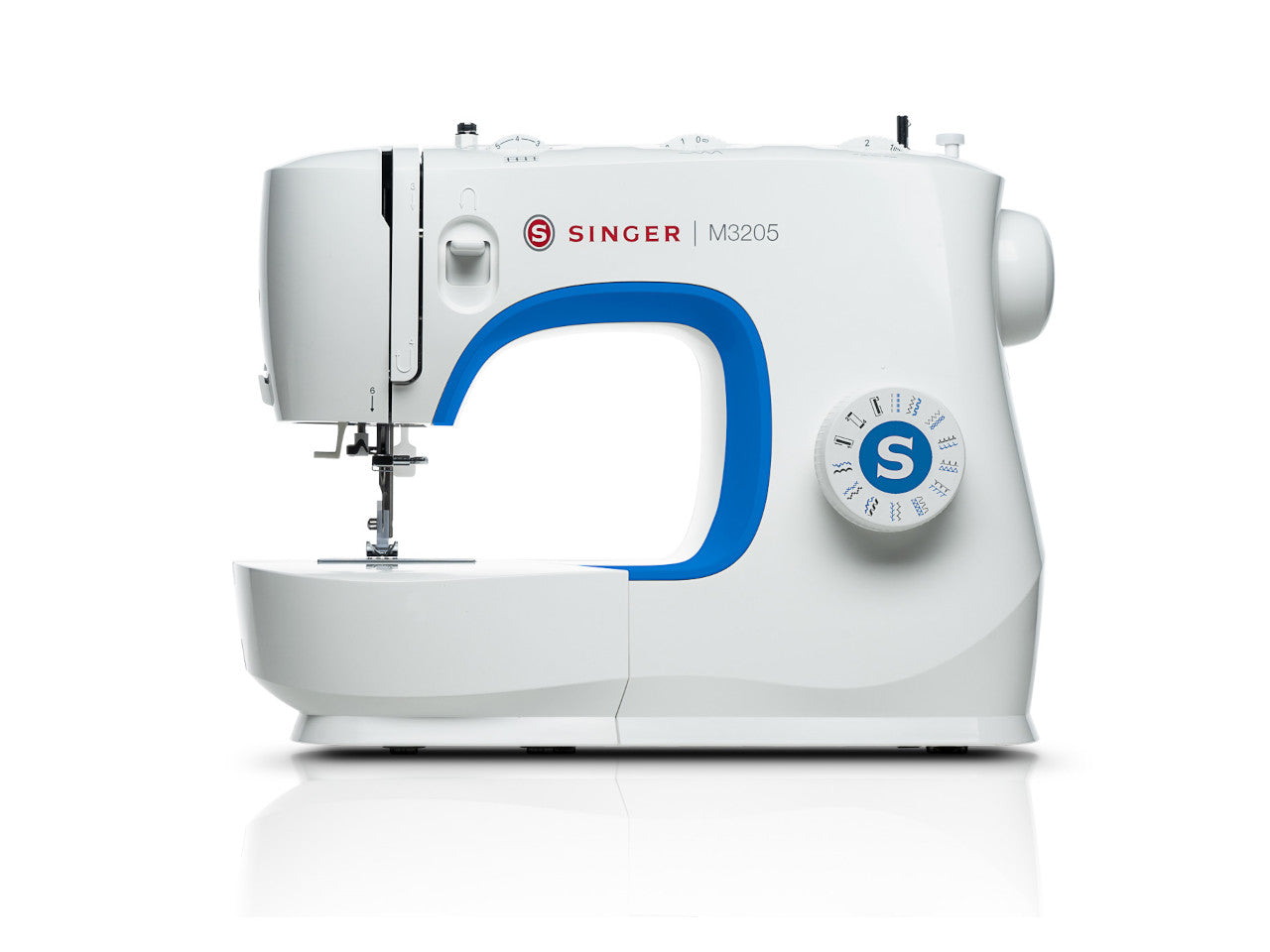 A white SINGER M3205 sewing machine with blue accents, featuring a front-loading design and a dial for adjusting stitch length.
