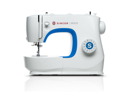 A white SINGER M3205 sewing machine with blue accents, featuring a front-loading design and a dial for adjusting stitch length.