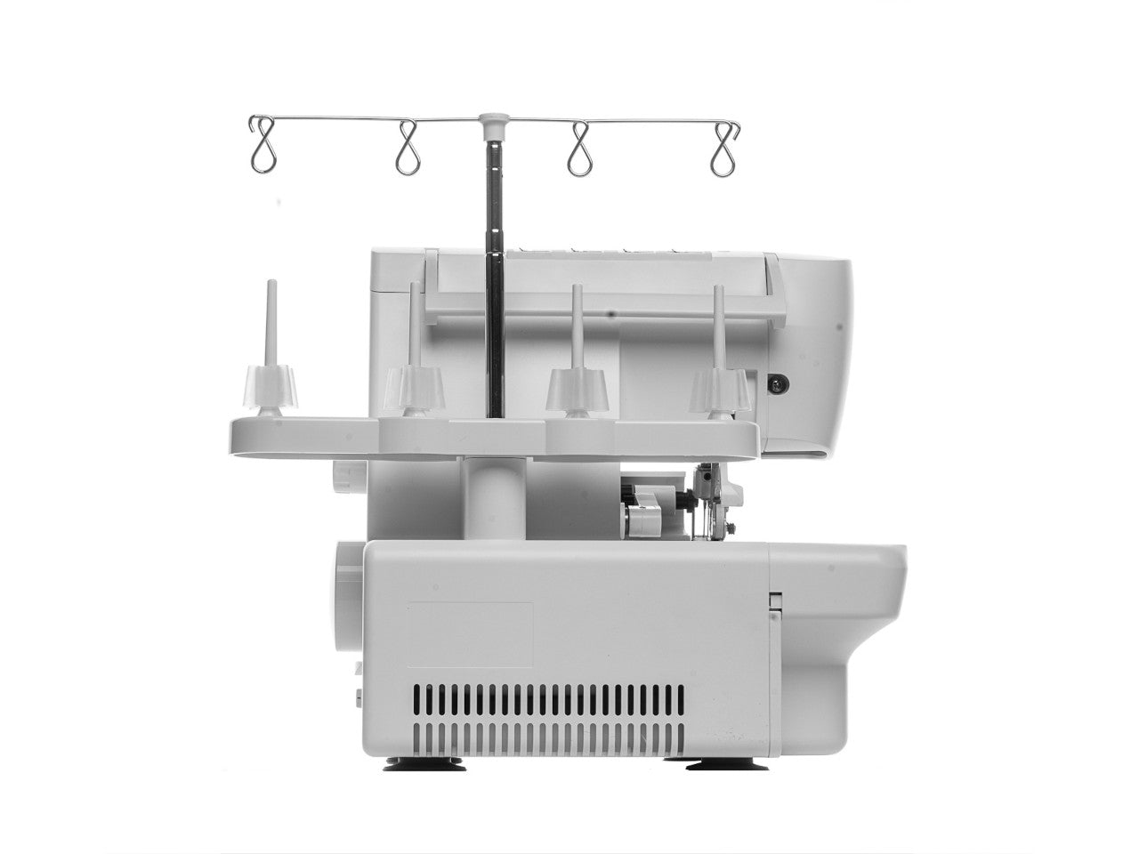 Rear view of a white SINGER S0105 overlocker with no thread fitted