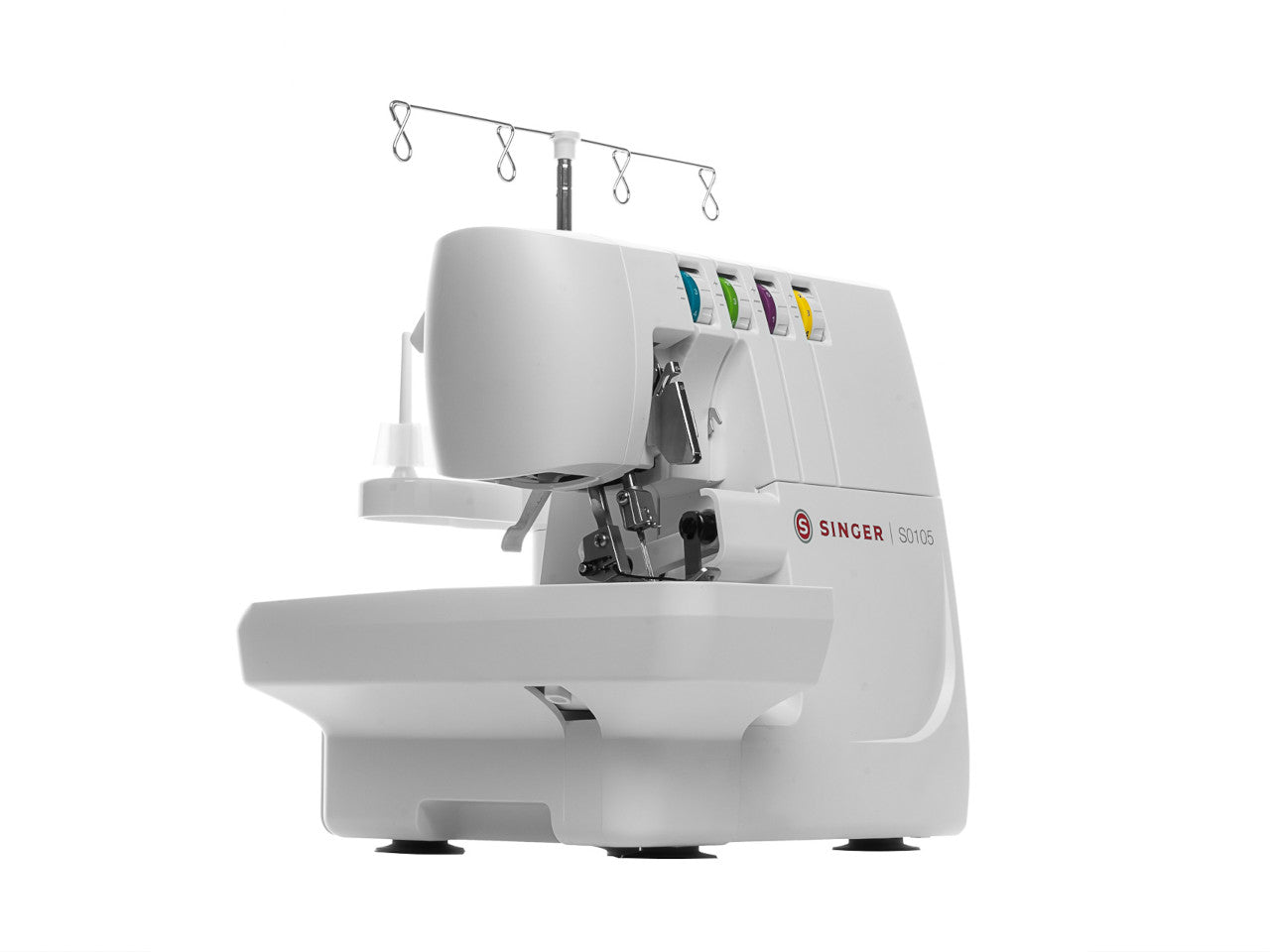 Side angle view of a white SINGER S0105 overlocker with four coloured dials