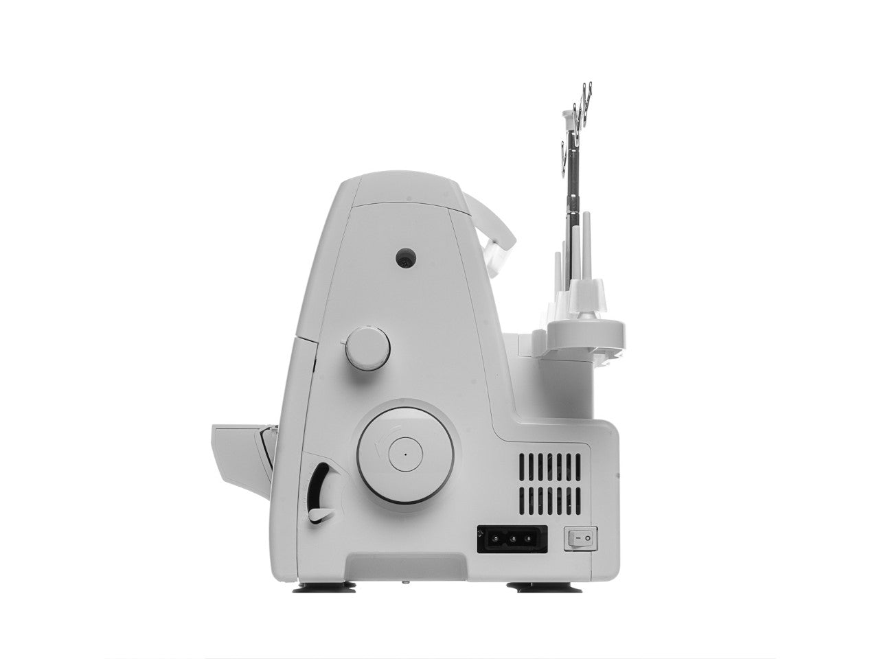 Side view of a white SINGER S0105 overlocker showing the power switch and power cable port