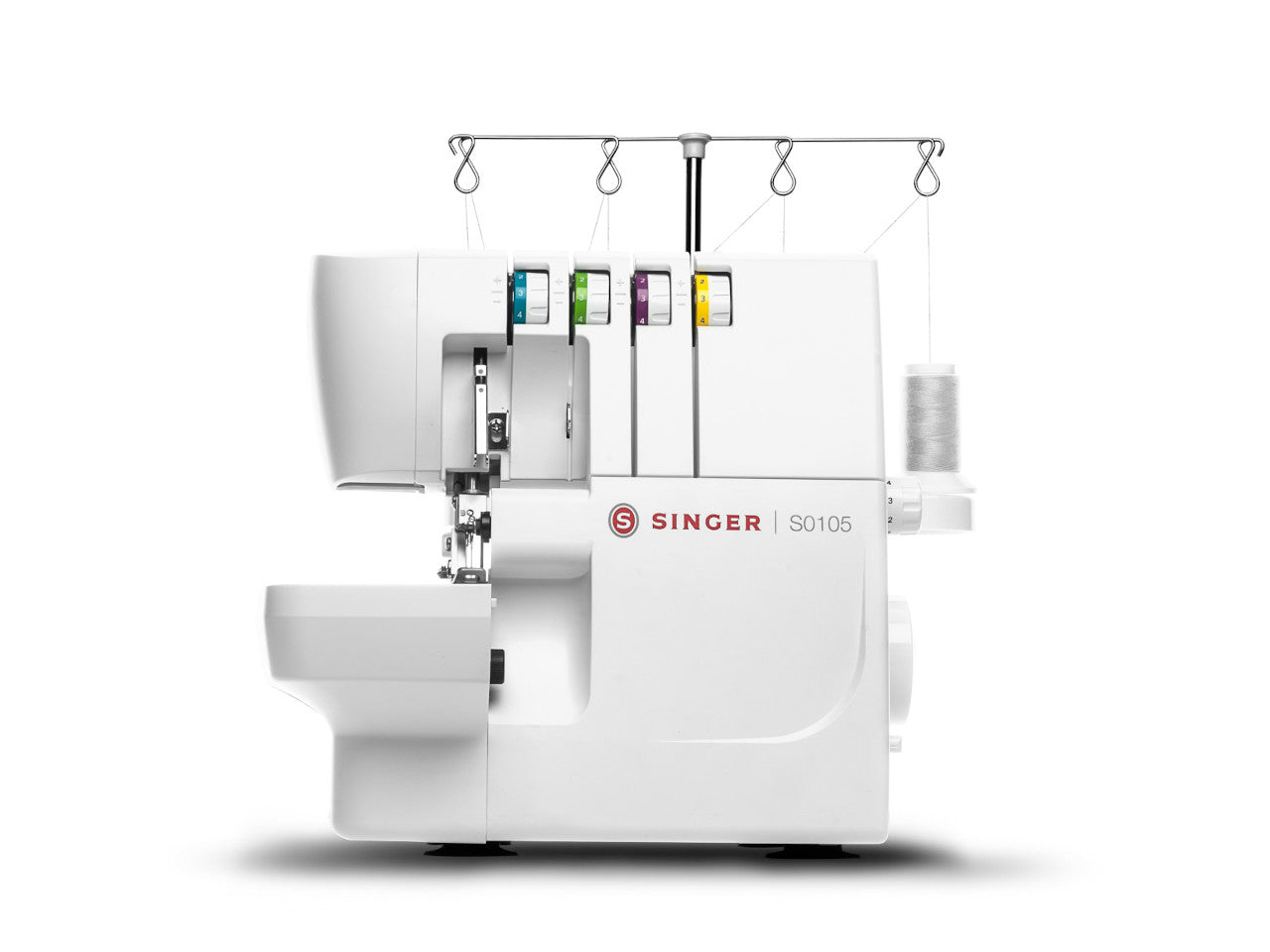 White SINGER S0105 overlocker front view with silver thread and four coloured dials