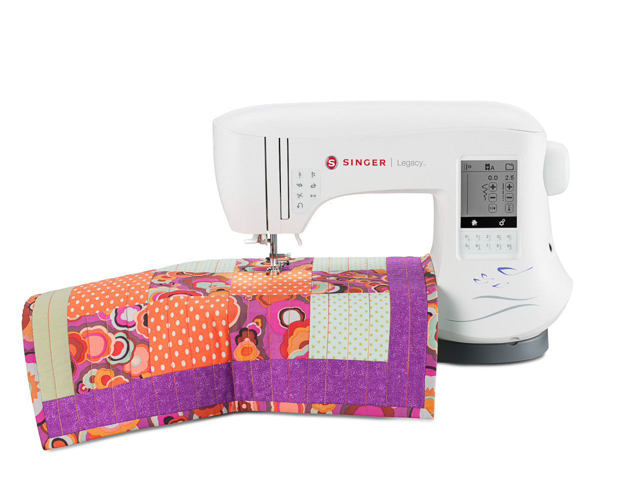 SINGER Legacy SE300 sewing and embroidery machine with a piece of fabric featuring a colorful floral pattern. The machine is white with a digital display and control buttons on the front.