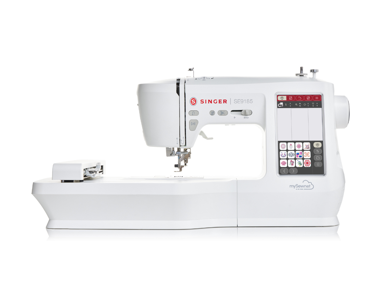 A white SINGER sewing and embroidery machine with a digital display and multiple function buttons.