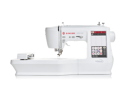 A white SINGER sewing and embroidery machine with a digital display and multiple function buttons.