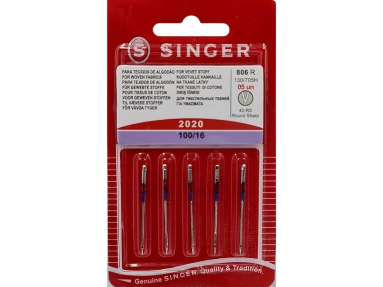 A pack of five Singer 2020 100/16 high-quality and durable sewing machine needles, with a lilac colour band on the packaging.