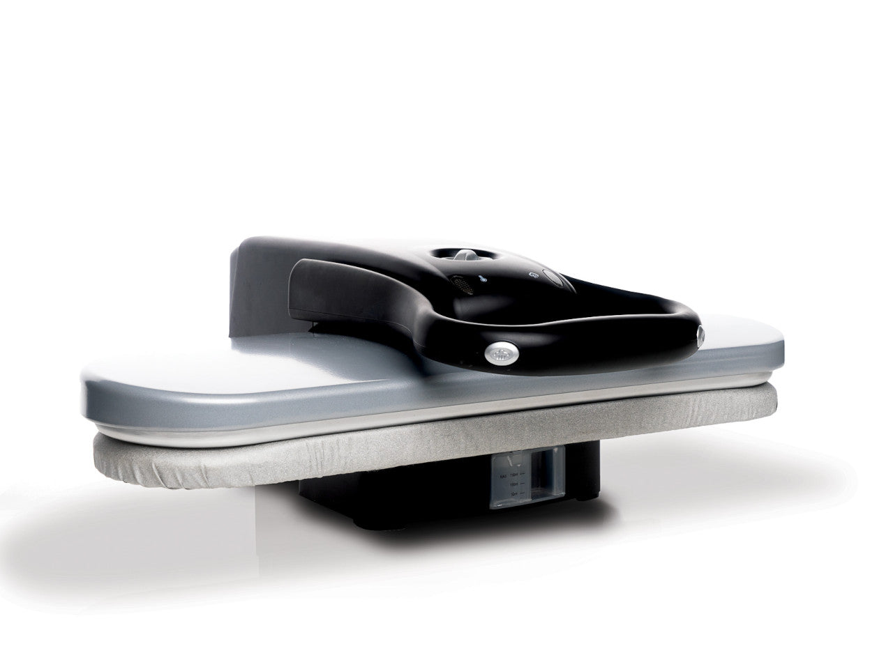 A product photo of a closed SINGER® steam press model SP550 with black handle