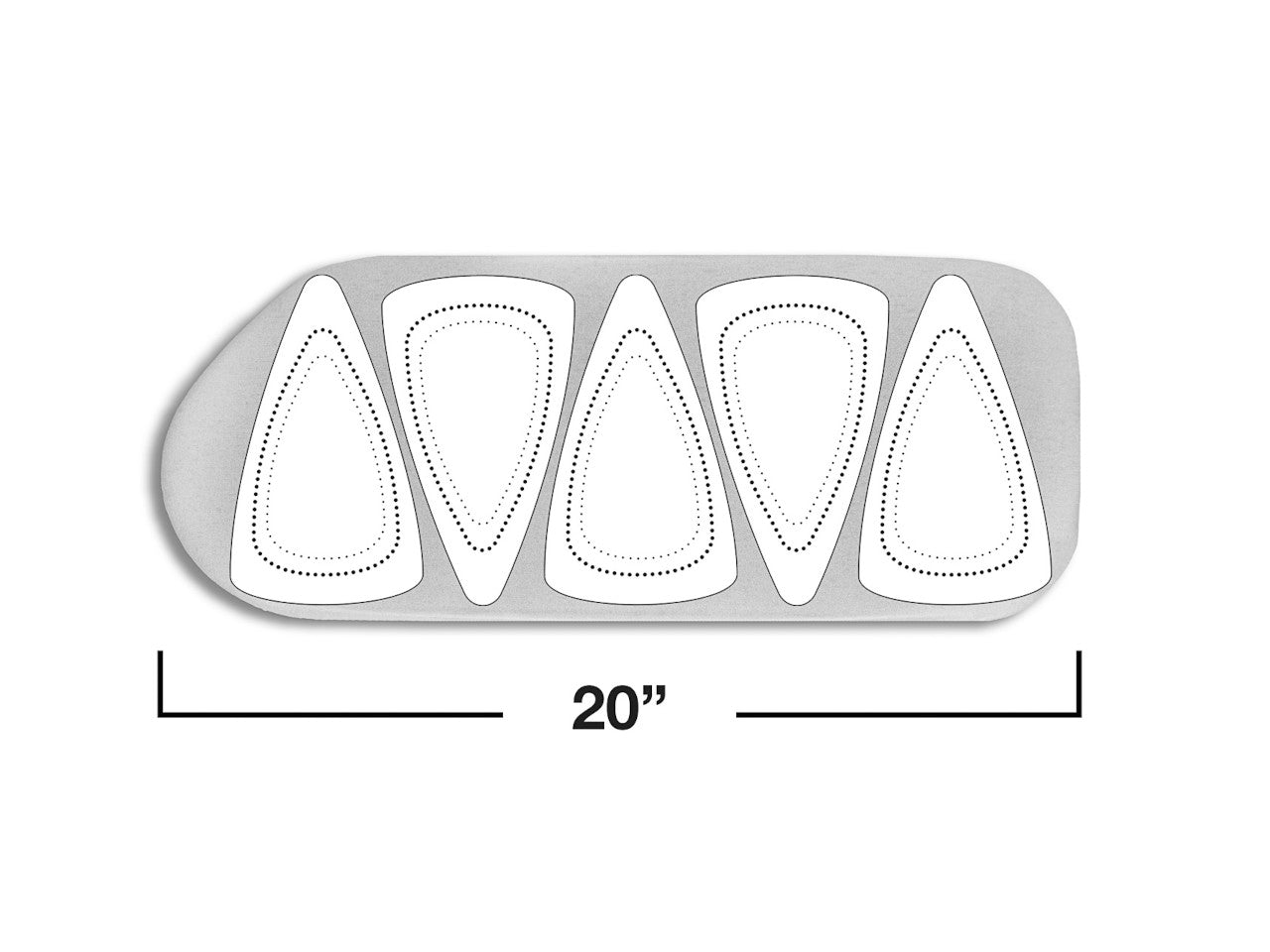 A line drawing of the SINGER® steam press SP550 pad showing the 20-inch length and demonstrating that it equates to the size of five steam irons