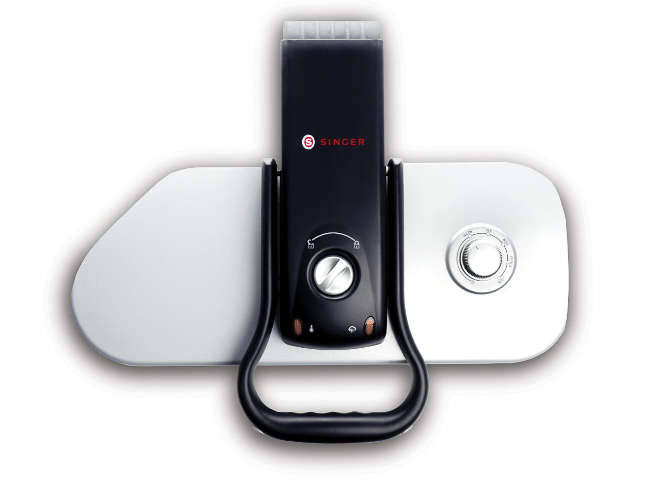 Top view of the SINGER® steam press SP550 with a black panel and silver dial showing a locked and unlock position plus two small amber lights