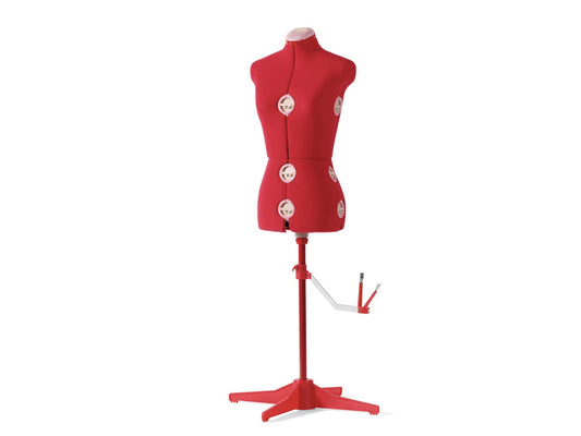 Red SINGER dress form with three dials in the front and three dials on the side on a red stand