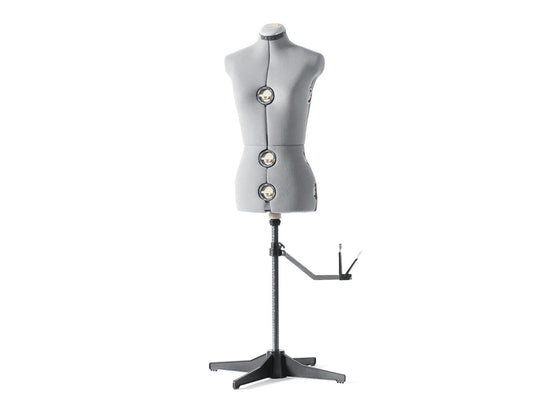 Grey SINGER dress form with three dials in the front and three dials on the side on a stand