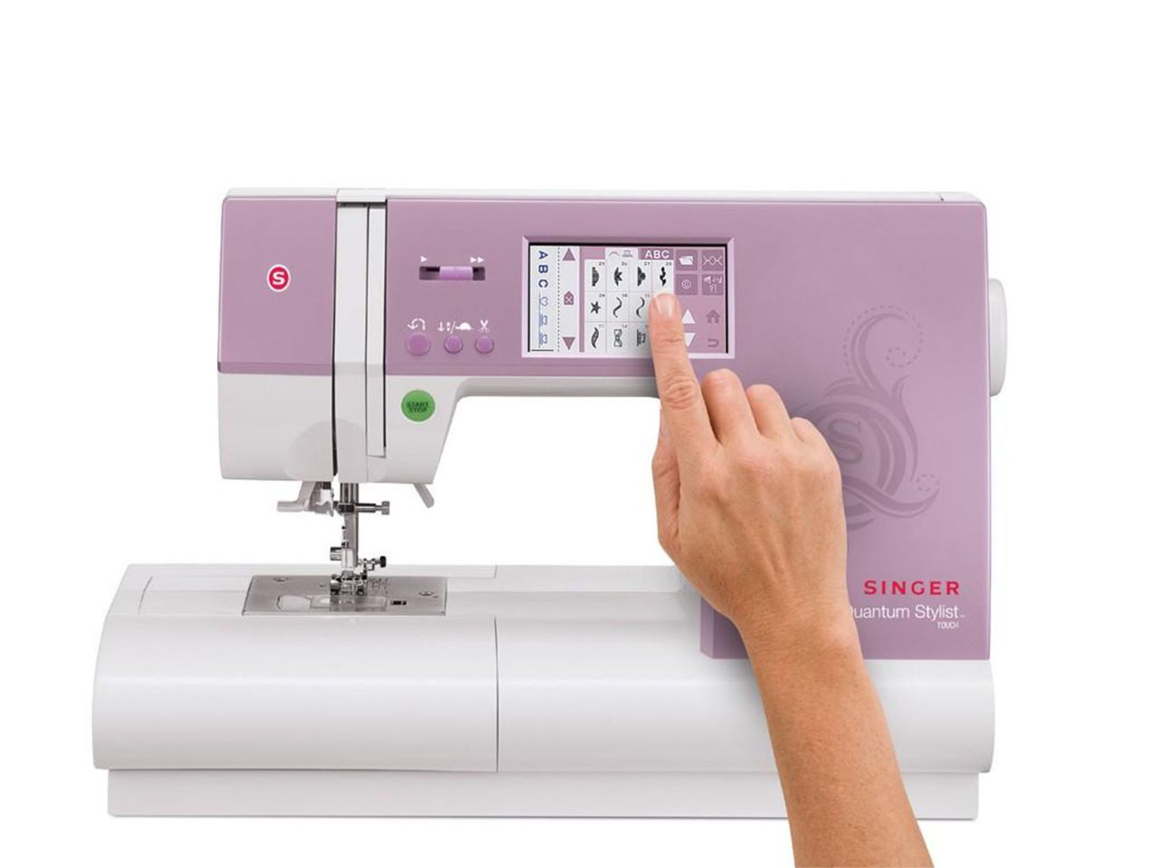 A woman's hand displaying the touch screen selection on the SINGER Quantum Stylist 9985 sewing machine