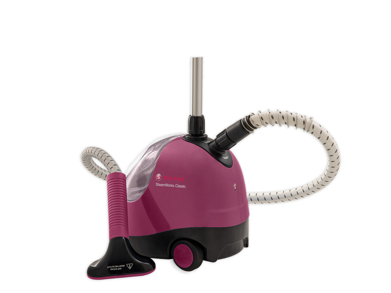 A plum and black SINGER SteamWorks Classic Upright Steamer with a 360 degree rotating hanger and a transparent water tank.