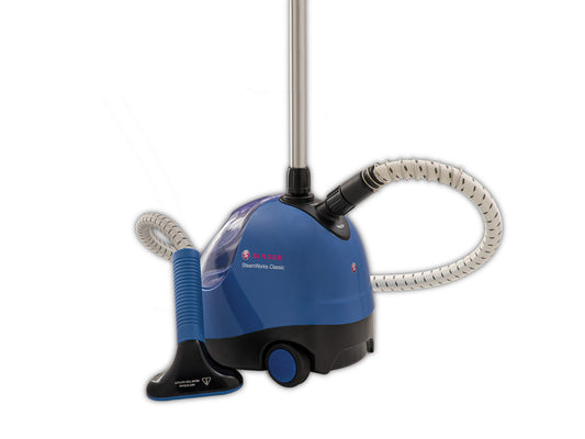A dark blue and black SINGER SteamWorks Classic Upright Steamer with cord and steamer fitting and brand logo visible.
