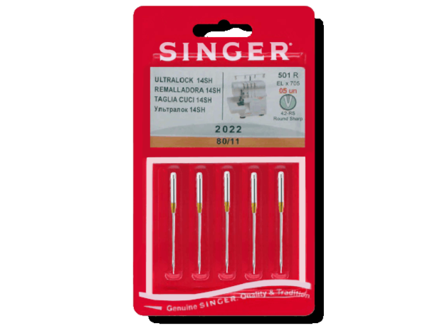 Five needles for an overlocker machine in a pack labelled 2022 80/11 on a red cardboard background.
