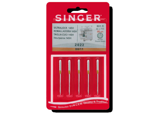 Five needles for an overlocker machine in a pack labelled 2022 80/11  on a red cardboard background.