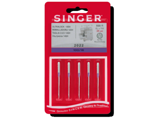 Five needles for an overlocker machine in a pack labelled 2022 100/16  on a red cardboard background.