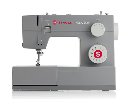 Front view of a dark grey Singer Heavy Duty 4411 sewing machine with two control knobs.