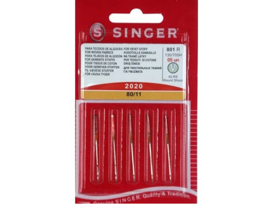 A pack of five universal sewing machine needles packaged in brand red with an orange colour band for a wide range of uses, model number 2020 80/11.