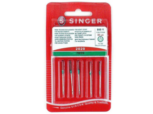 Red cardboard backing with a clear plastic front panel and green colour band holding five universal sewing machine needles for 2020 70/09.